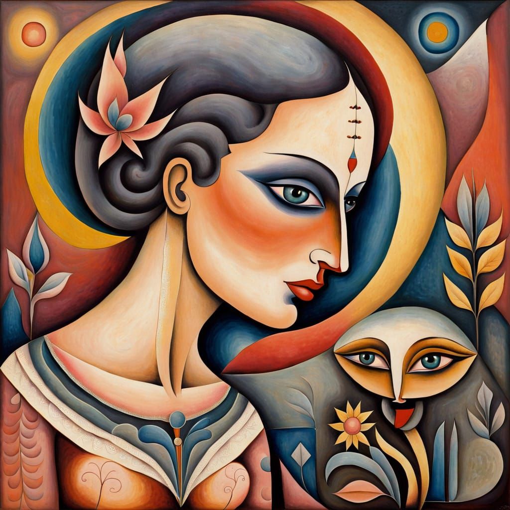 Beautiful Woman in Naive Folk-Art Style