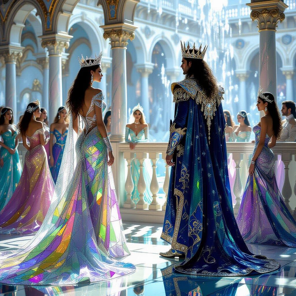 Queen in Iridescent Glass Gown on Glass Balcony