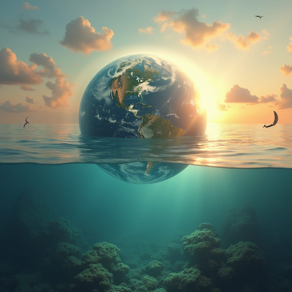 Earth in Bubble Over Ocean: Ethereal Digital Art