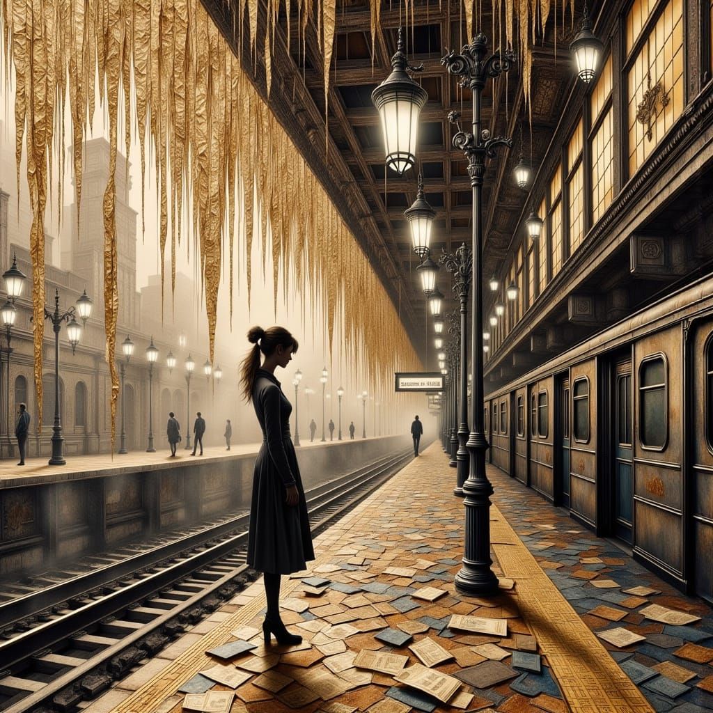 Collage Art of Woman on Subway Platform with Metallic Drips