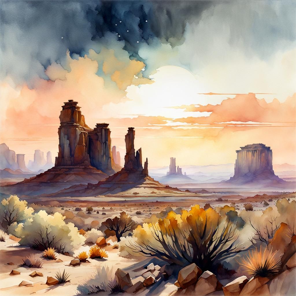 Colorful Desert Canyon Rock Formations in Watercolor