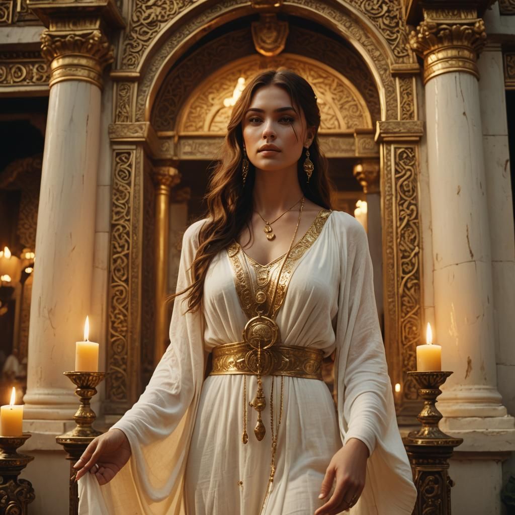 Young Priestess in White Dress at Temple Gate