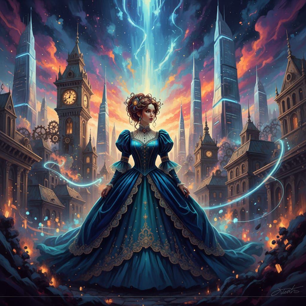 A surrealistic scene where the future and past collide