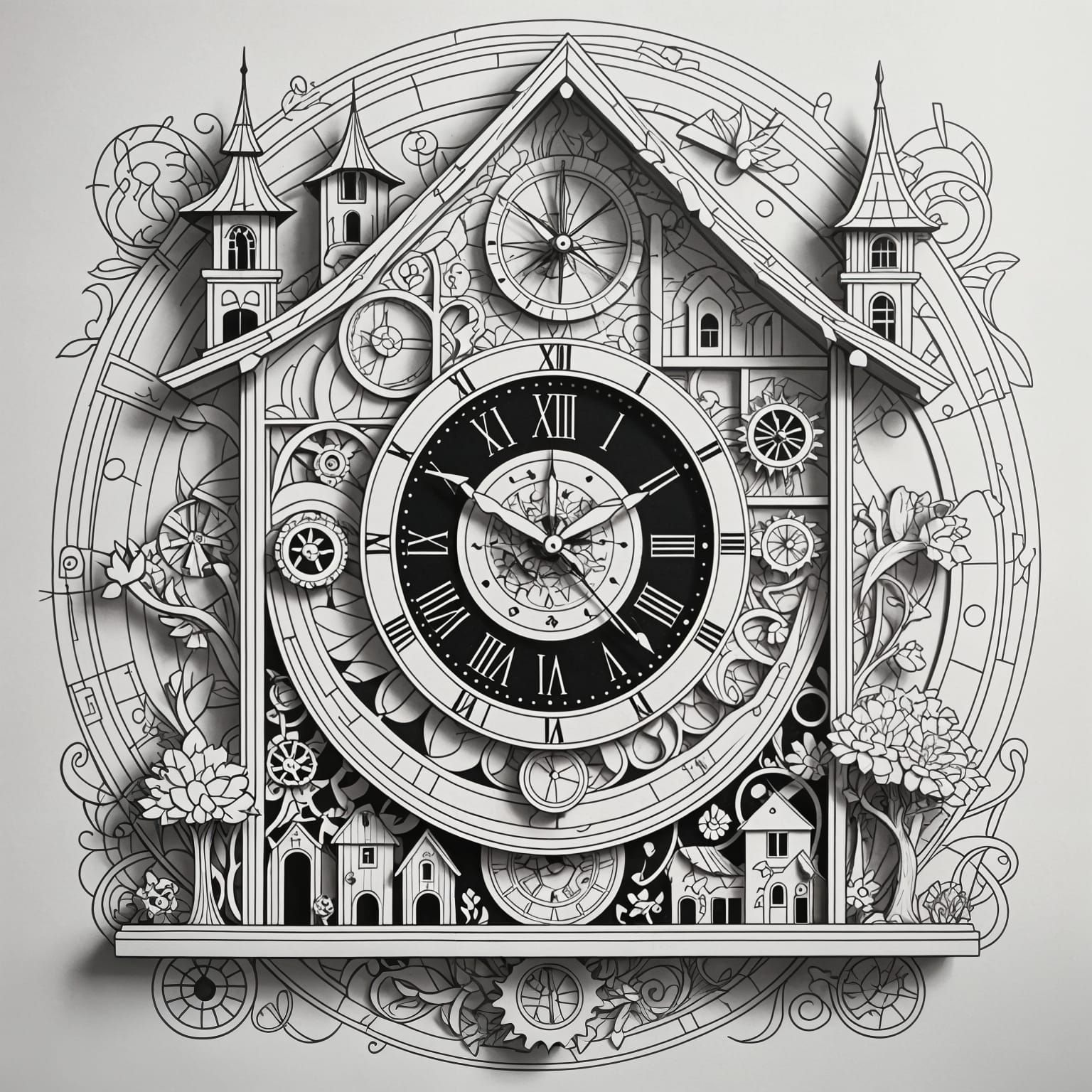 Surreal Minimalist Cuckoo Clock in Continuous Line Ink Drawi...