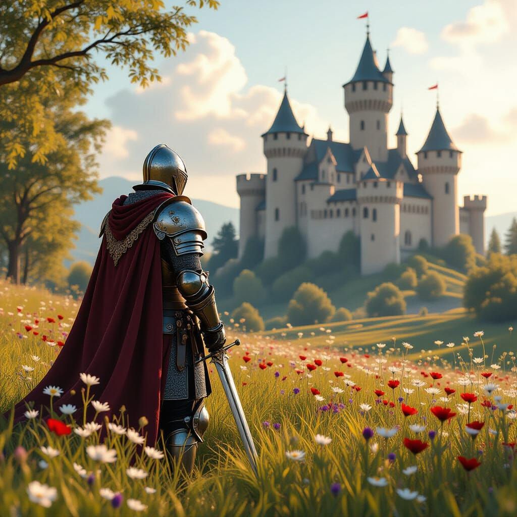 Knight Contemplates Castle in Sun-Dappled Meadow