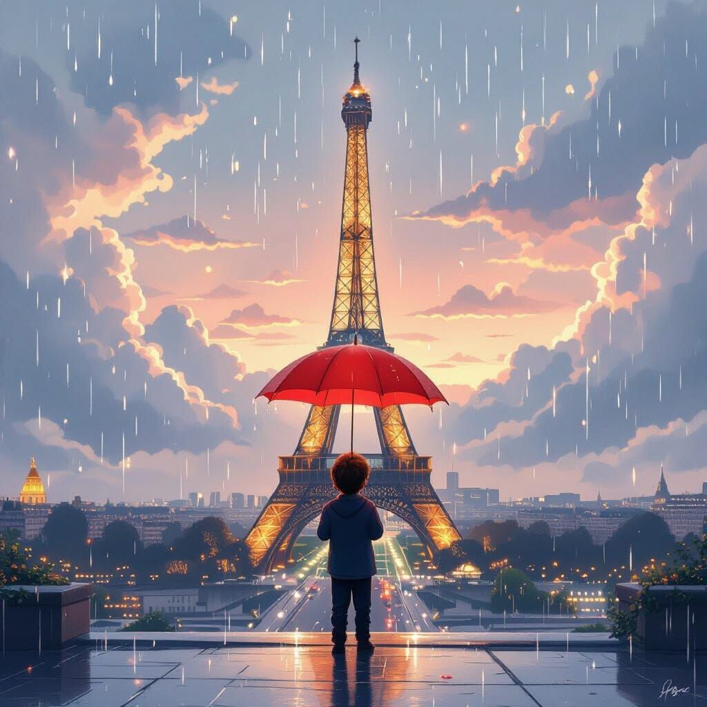 Boy with Glowing Umbrella on Eiffel Tower, Dreamy Pastel Sky