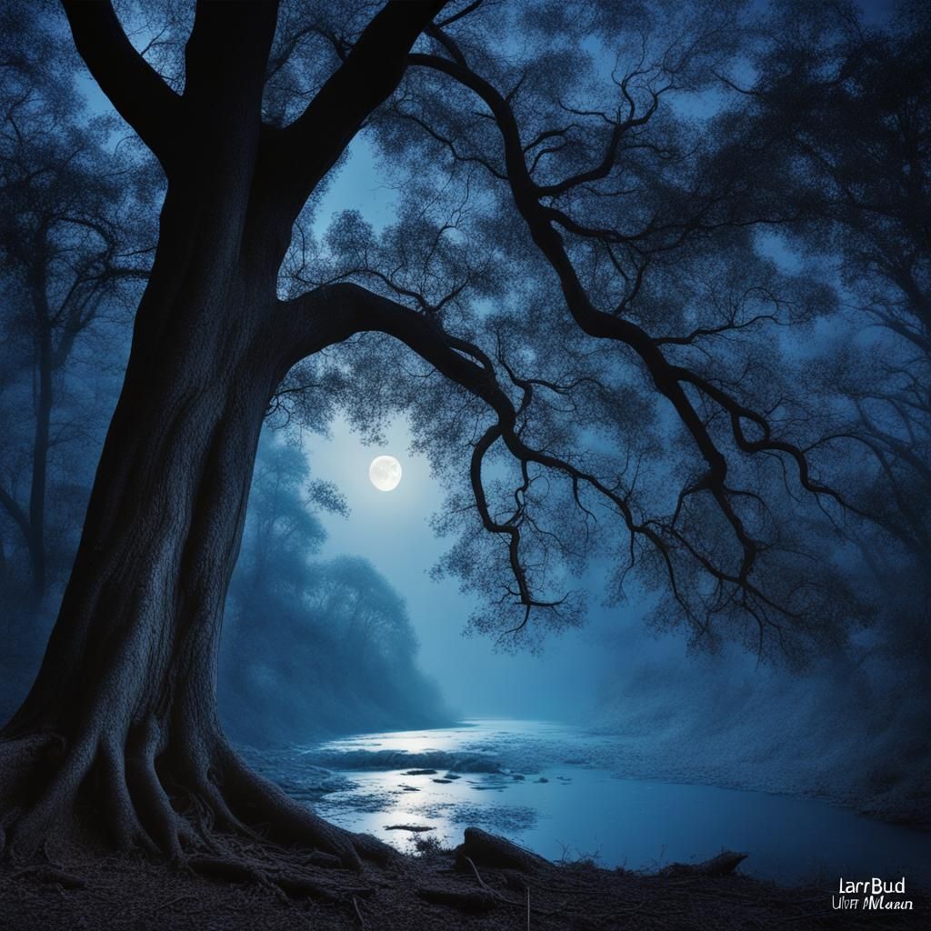 Enchanted Forest at Night with Blue Moon