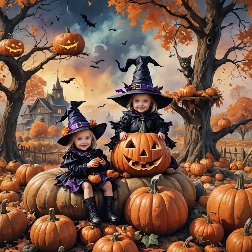Toddler Witch and Puppy on Giant Pumpkin