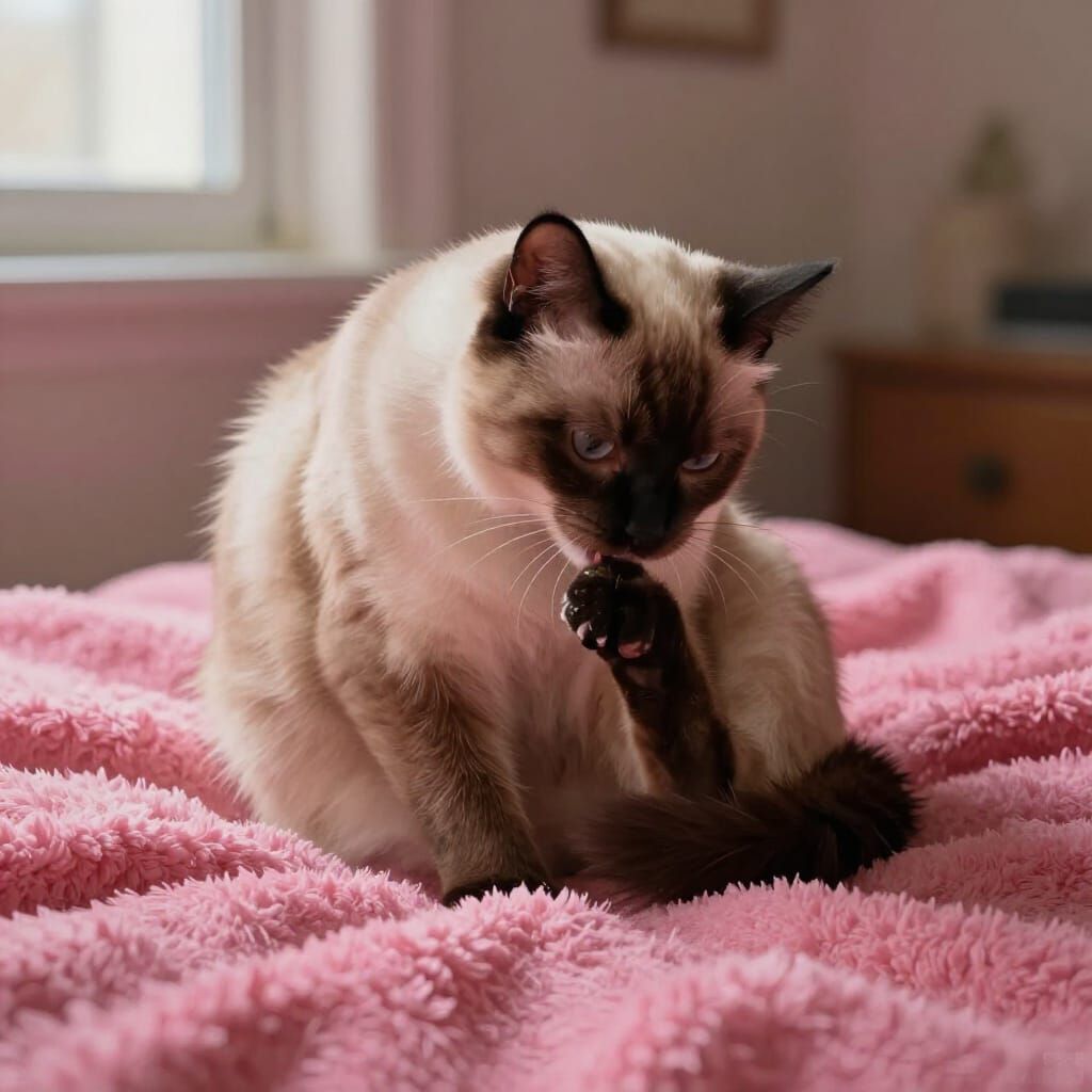 Fluffy Siamese Cat Grooming on Pink Blanket