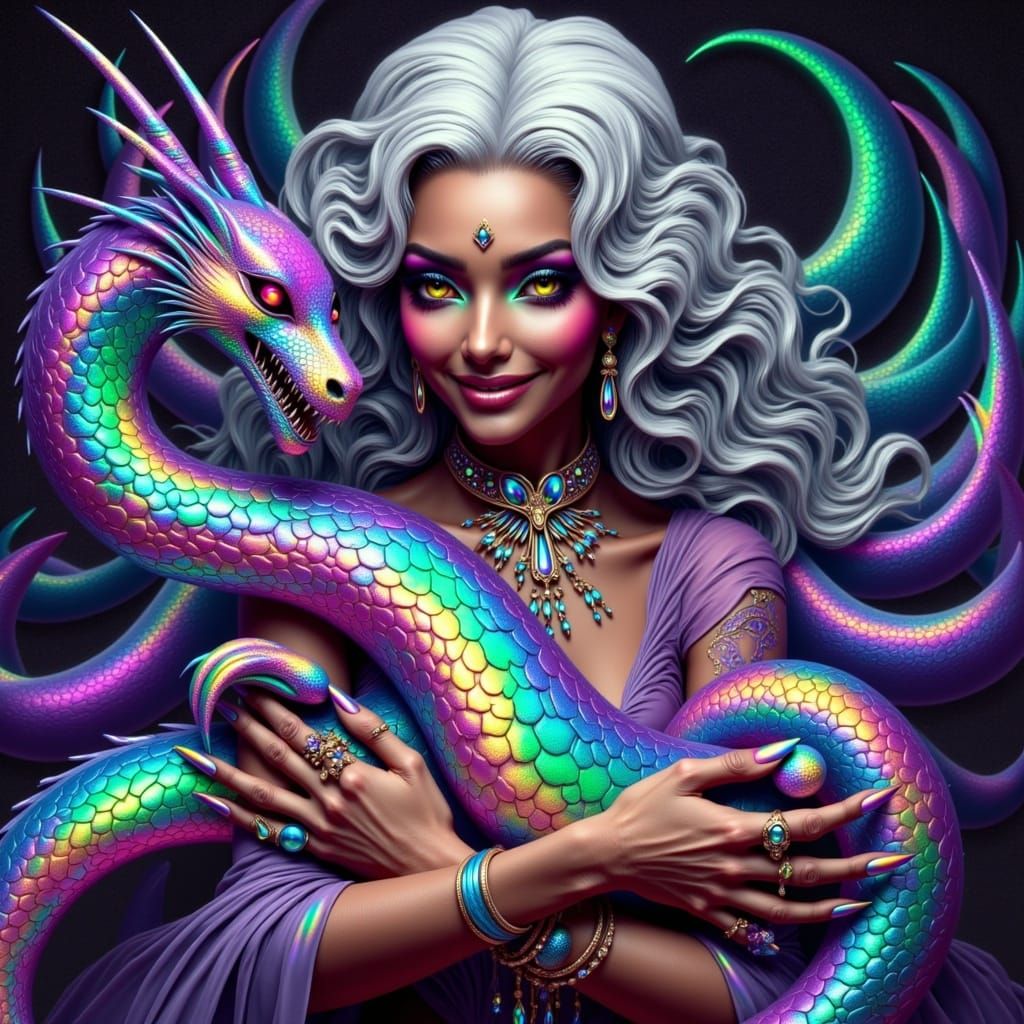 Ethereal South Asian Goddess Cradles Iridescent Dragon