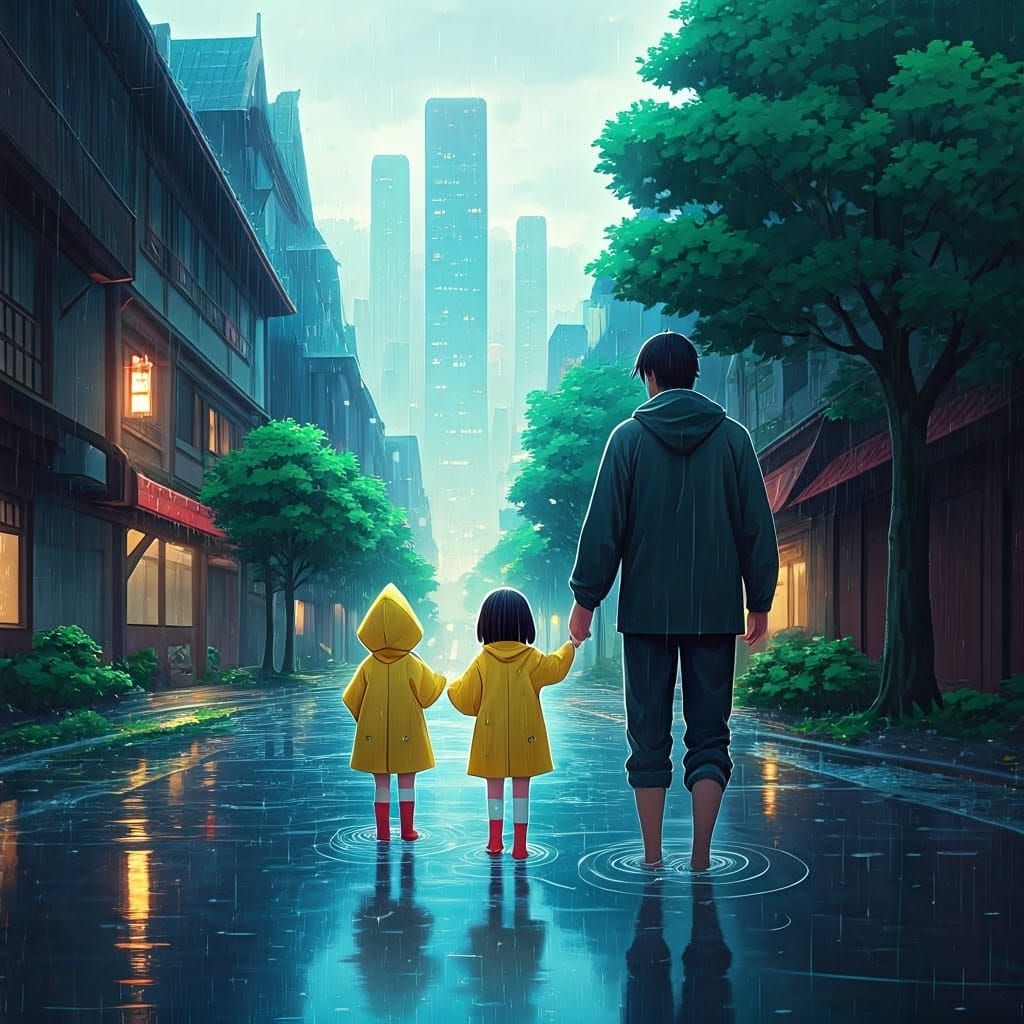 Girl Helps Father in Rainy Cityscape: Anime-Inspired 3D Art