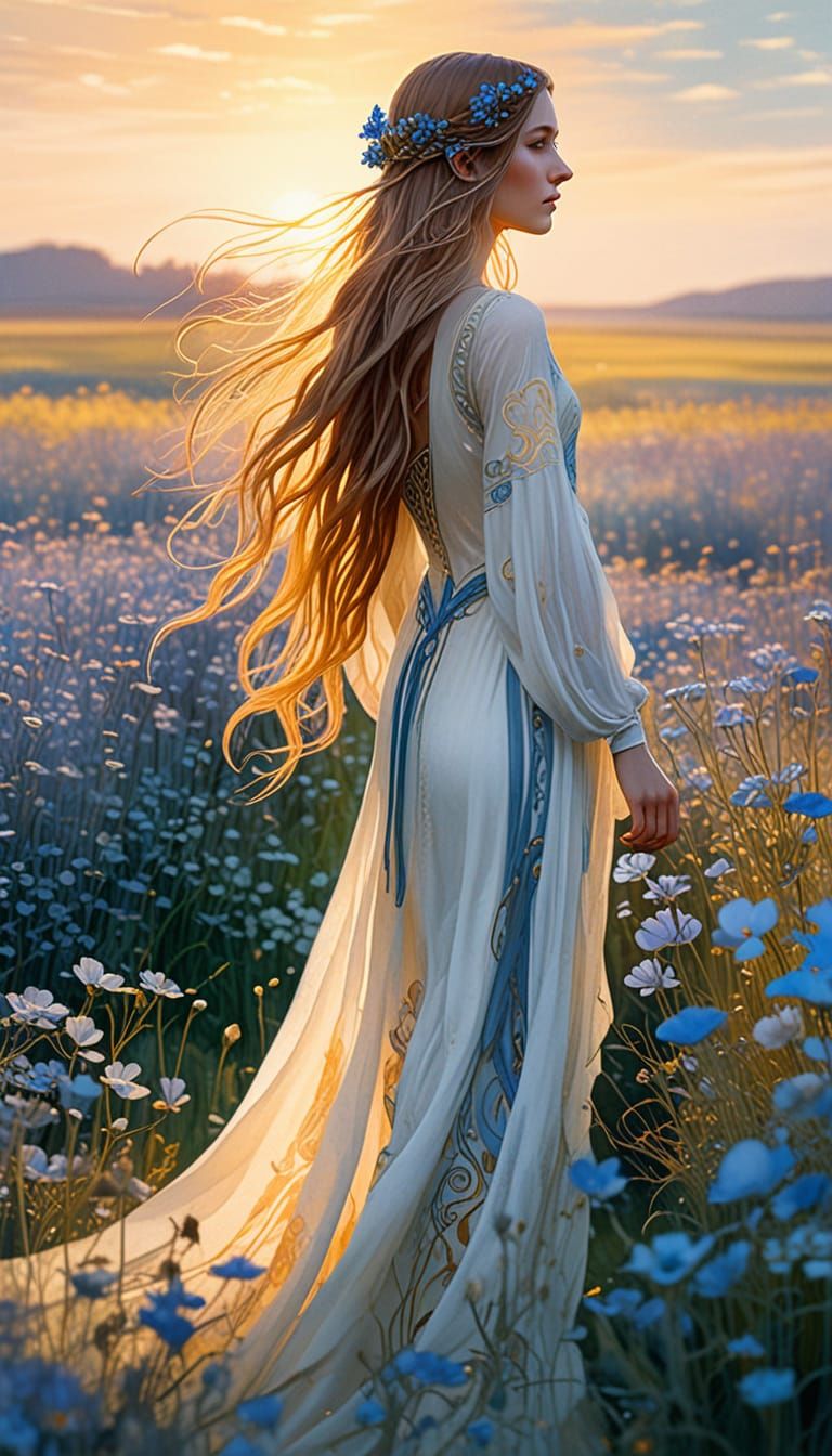 Elven Woman in Blue Flower Field, Art Nouveau Watercolor