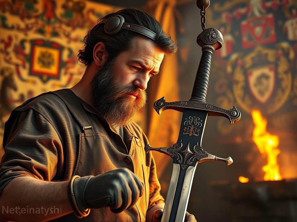 Un herrero esta forjando la Gran Espada del Rey Ricardo Cora...