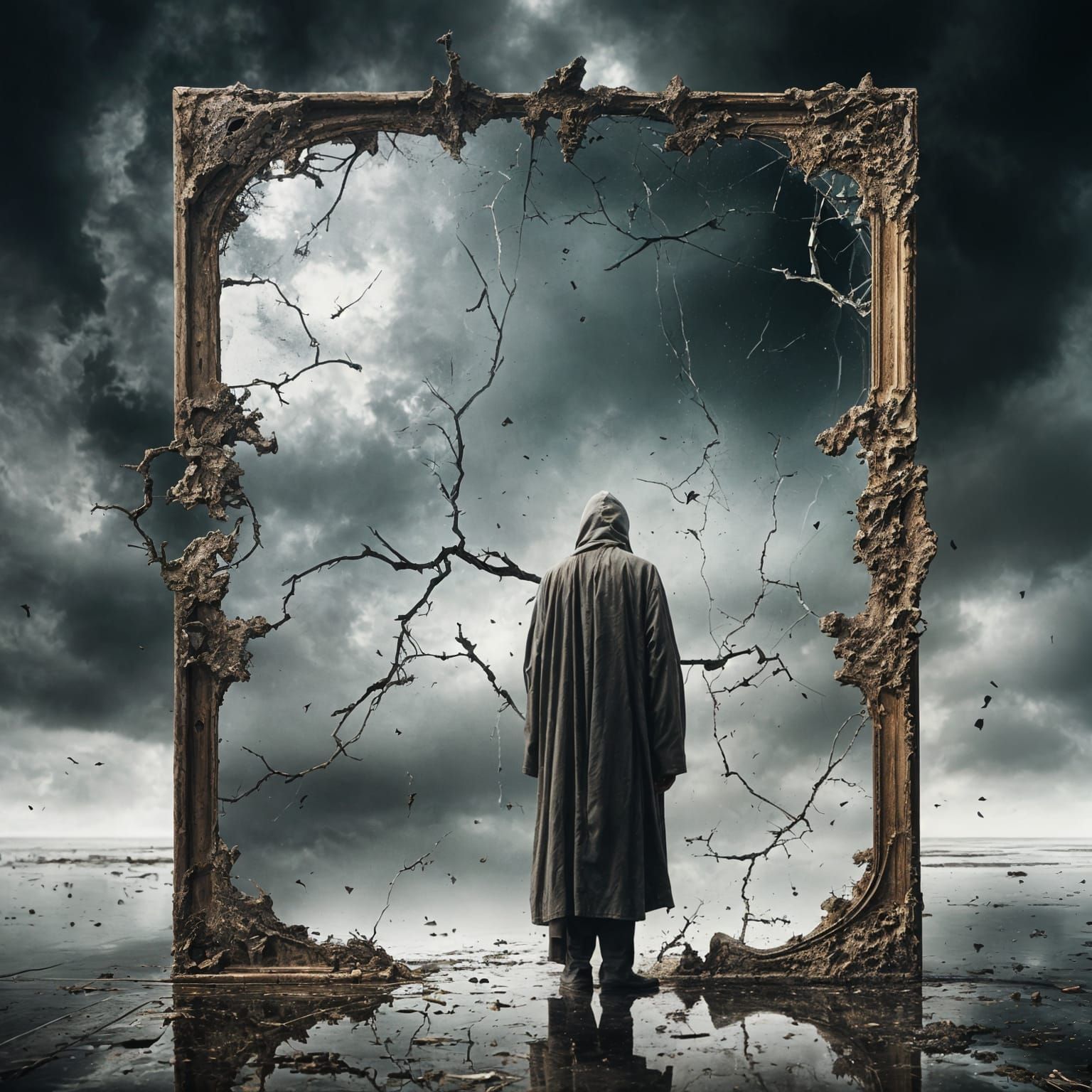 Cracked Mirror Reflecting Cloudy Sky