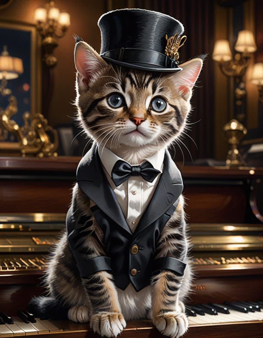 Whimsical Kitten Pianist in Vintage Jazz Club