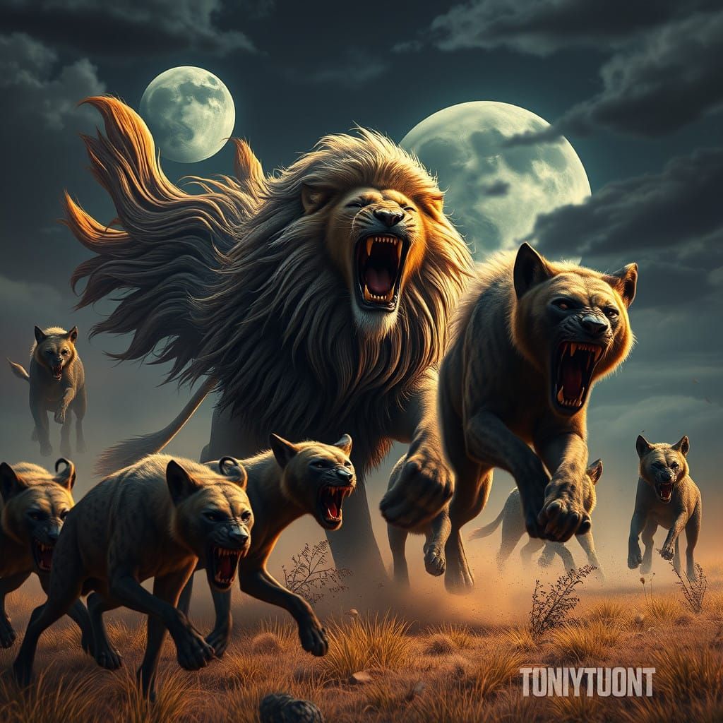 Regal Lion Battles Hyenas in a Fantastical Moonlit Savannah