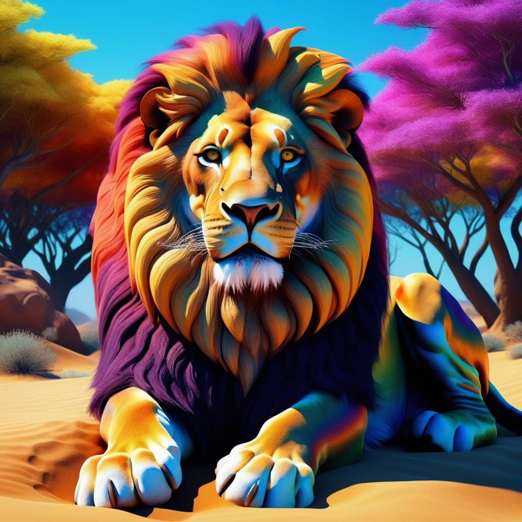 Colossal Stone Lion in Rainbow Desert, Surreal Oil Painting