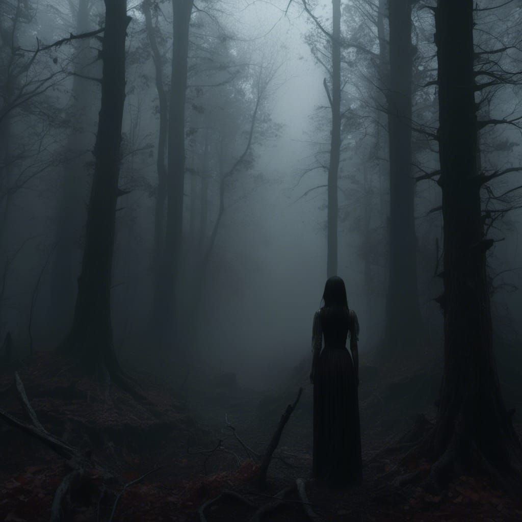Ethereal Woman in Smoky Dark Fantasy Landscape