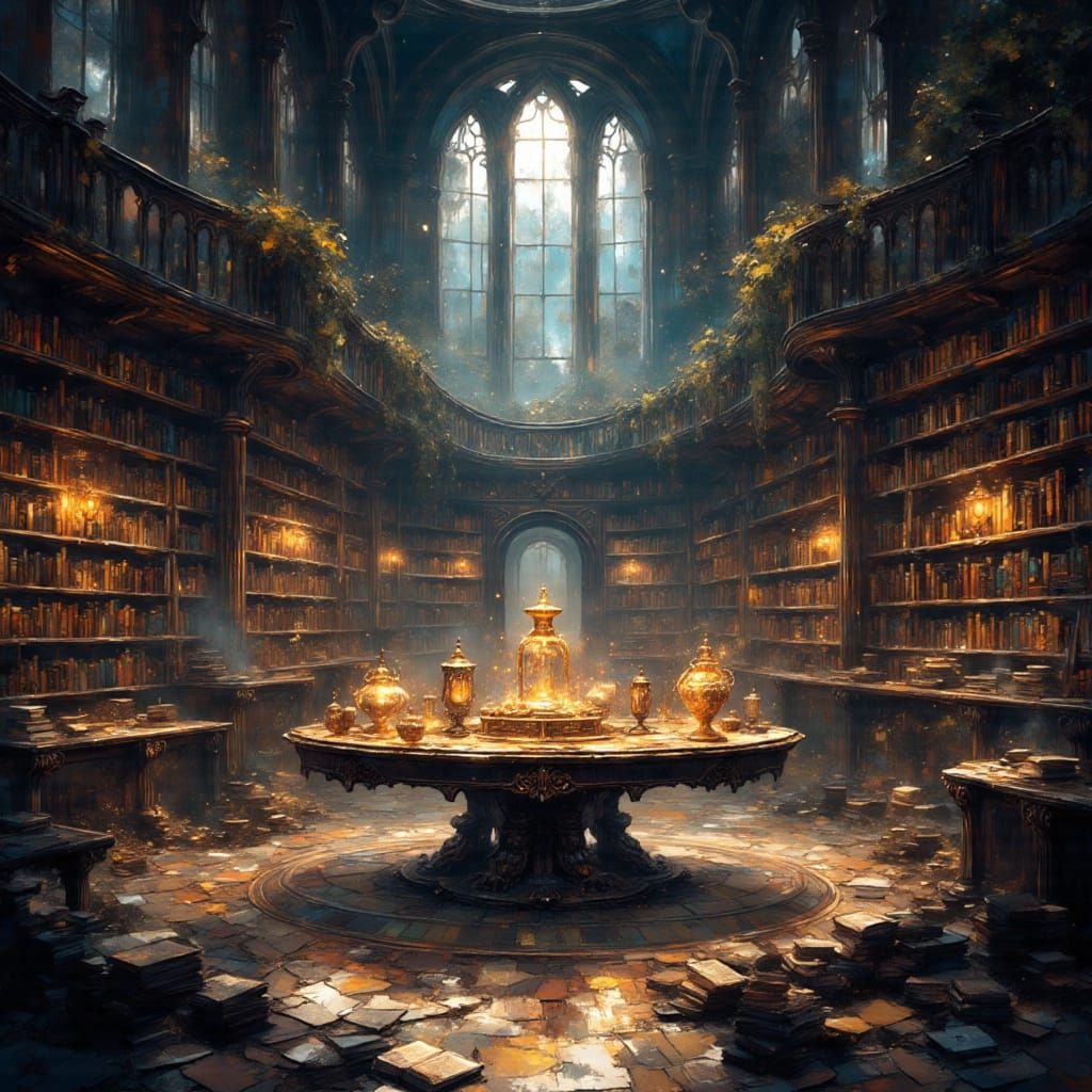 Majestic Library with Ancient Tomes and Moonlit Glow