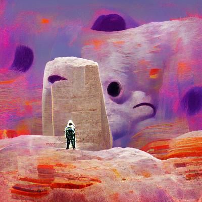 Astronaut's Cosmic Horror Before a Monolith