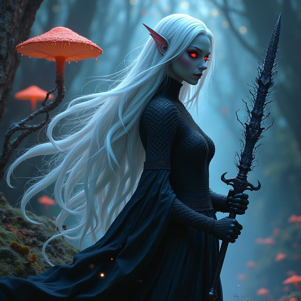 Dark Gray Skinned Drow in Gothic Cyberpunk Armor