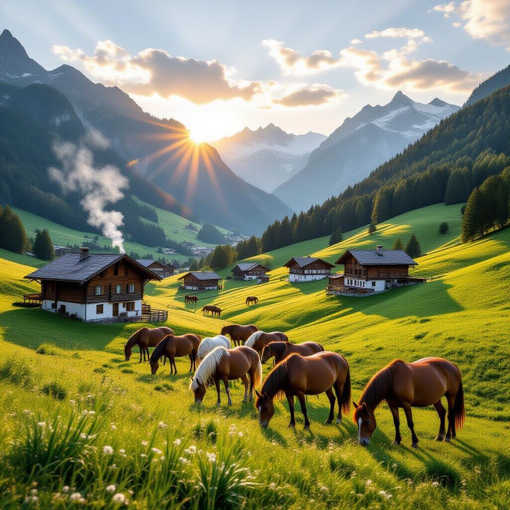 Swiss Alps Valley at Alpenglow with Horses