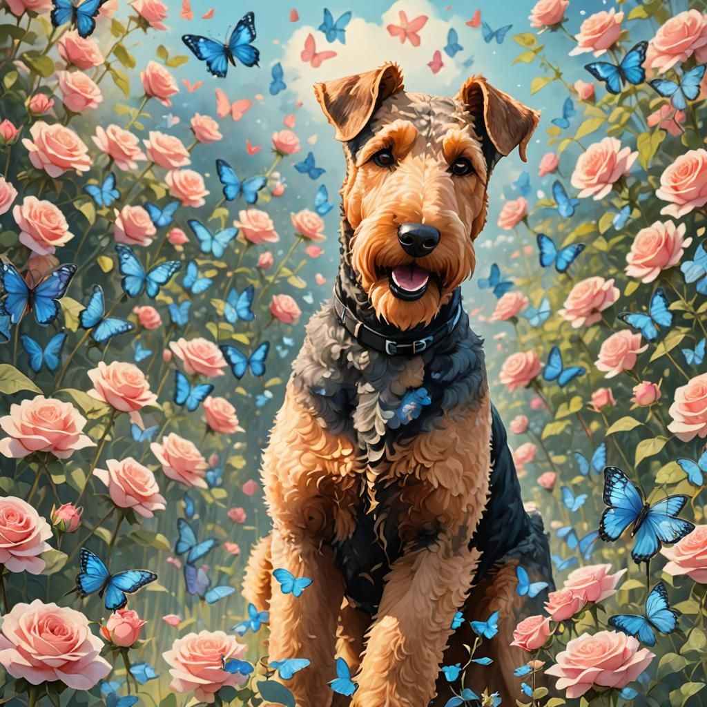 Airedale Terrier in Rose Field, Anime Watercolor Style