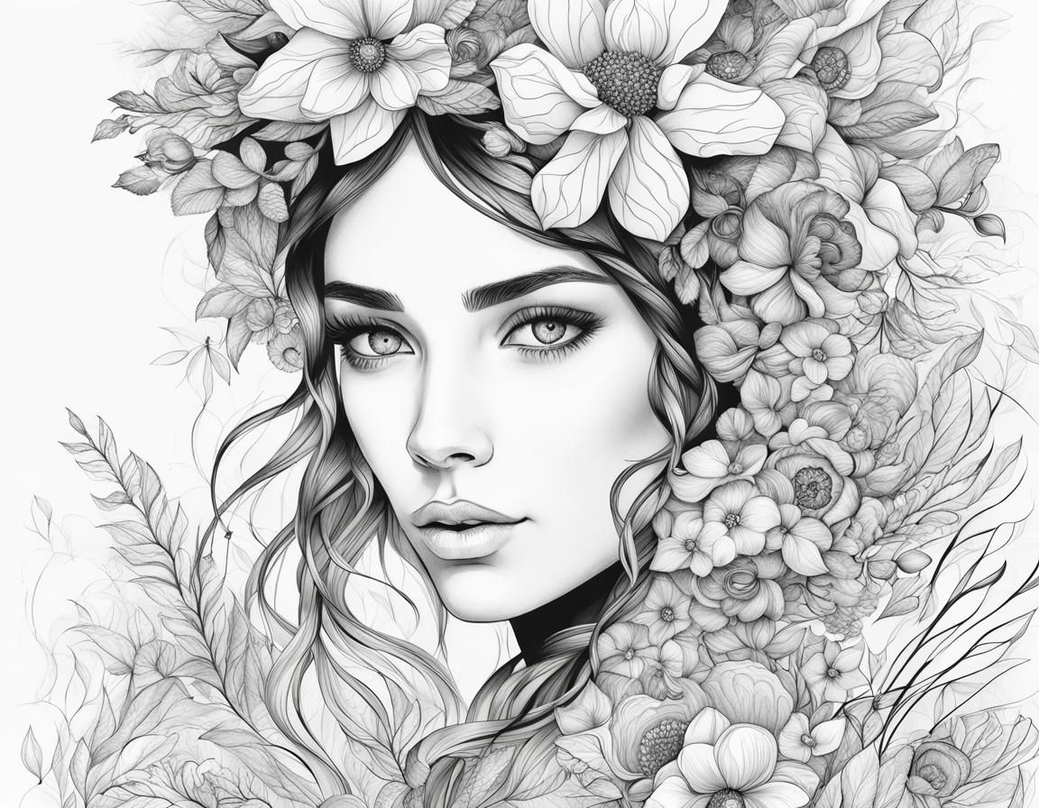 Girl with Floral Crown: Black and White Coloring Page