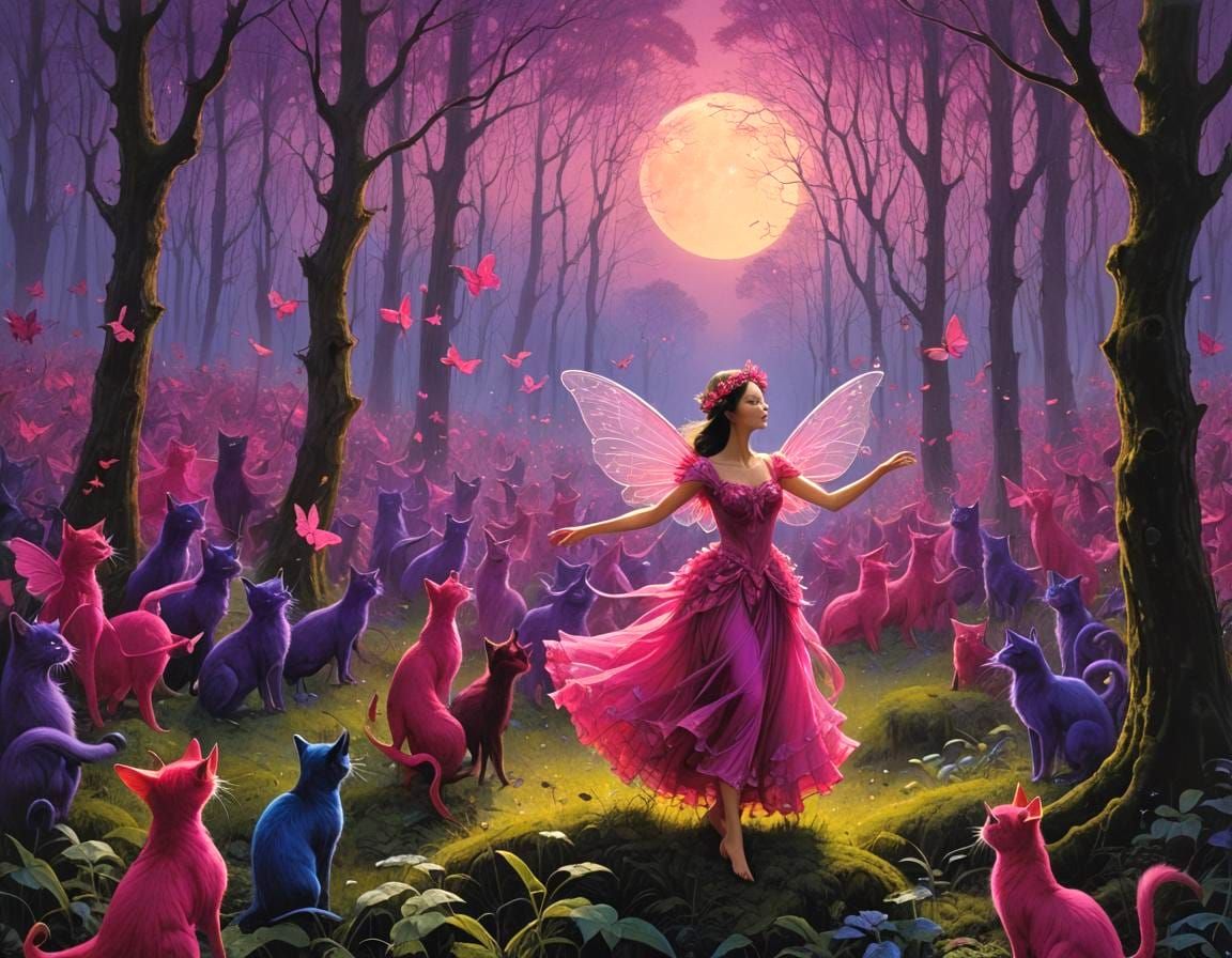 Fuchsia fairy and her conclave of cats at moonrise