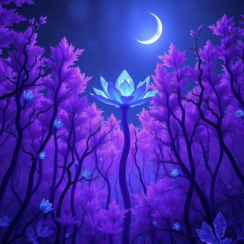 Dreamlike Amethyst Forest with Celestial Ice Flower