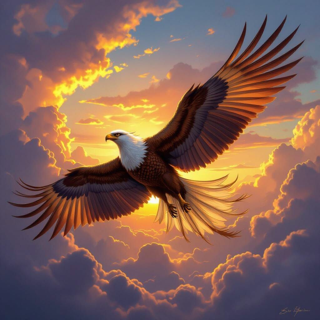 Griffin Soaring Through Sunset Sky in Fantasy Art Style
