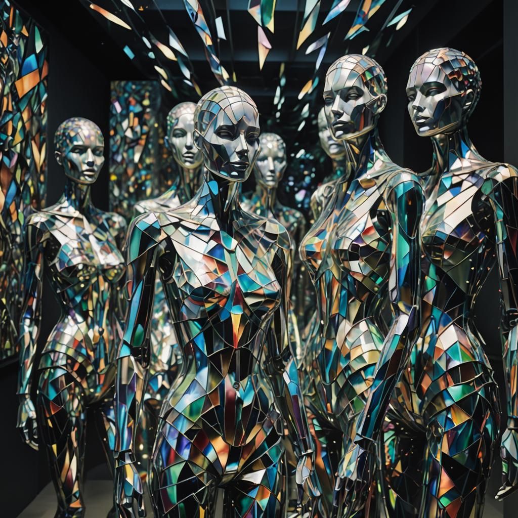 Passing silhouettes of strange illuminated mannequins