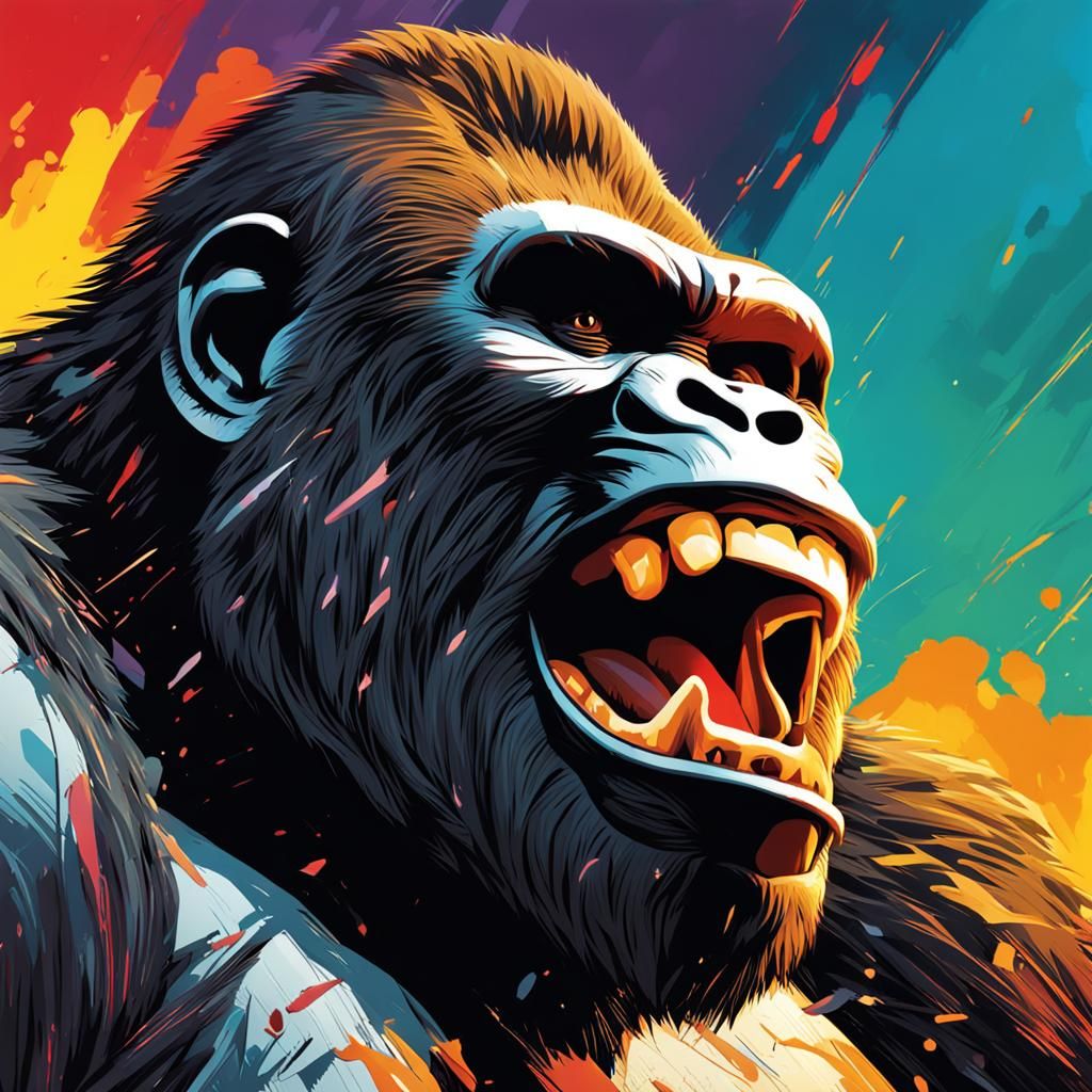 Hyperrealistic King Kong Smiling Splash Art Portrait