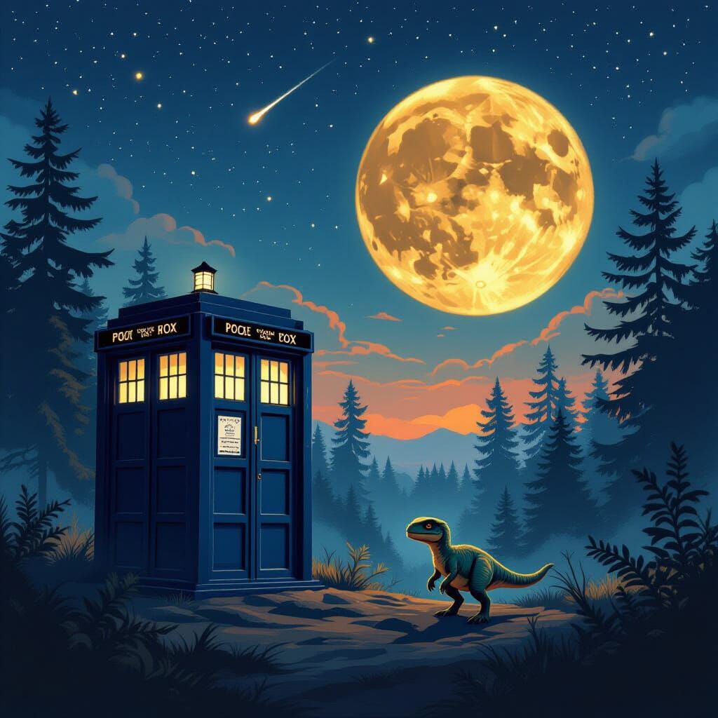 Jurassic Forest Moon with Tardis and Raptor