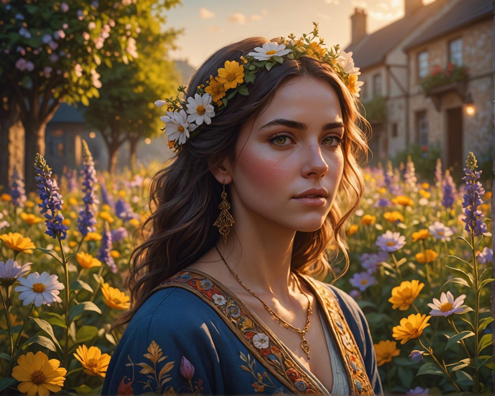 Woman Surrounded by Flowers in Folk Art Style