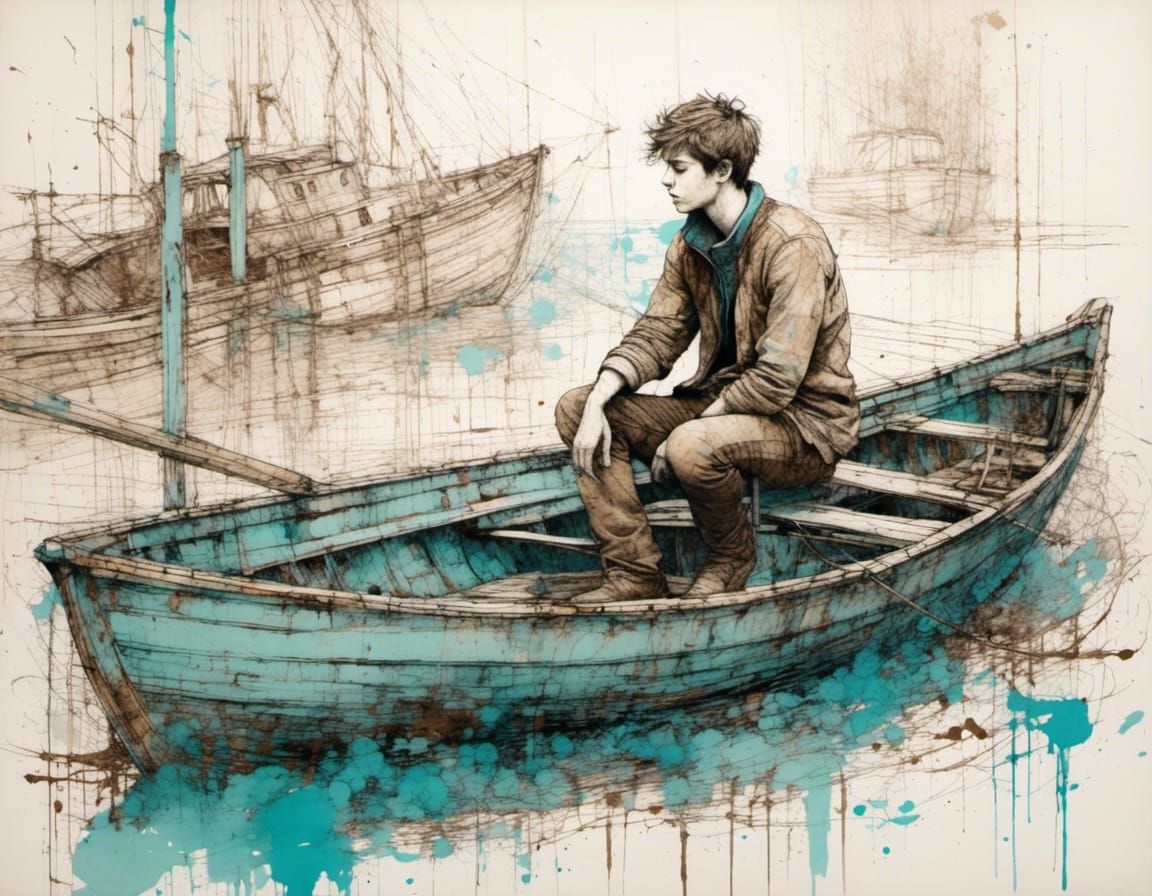 Minimalist Ink Drawing: Young Man in Boatyard