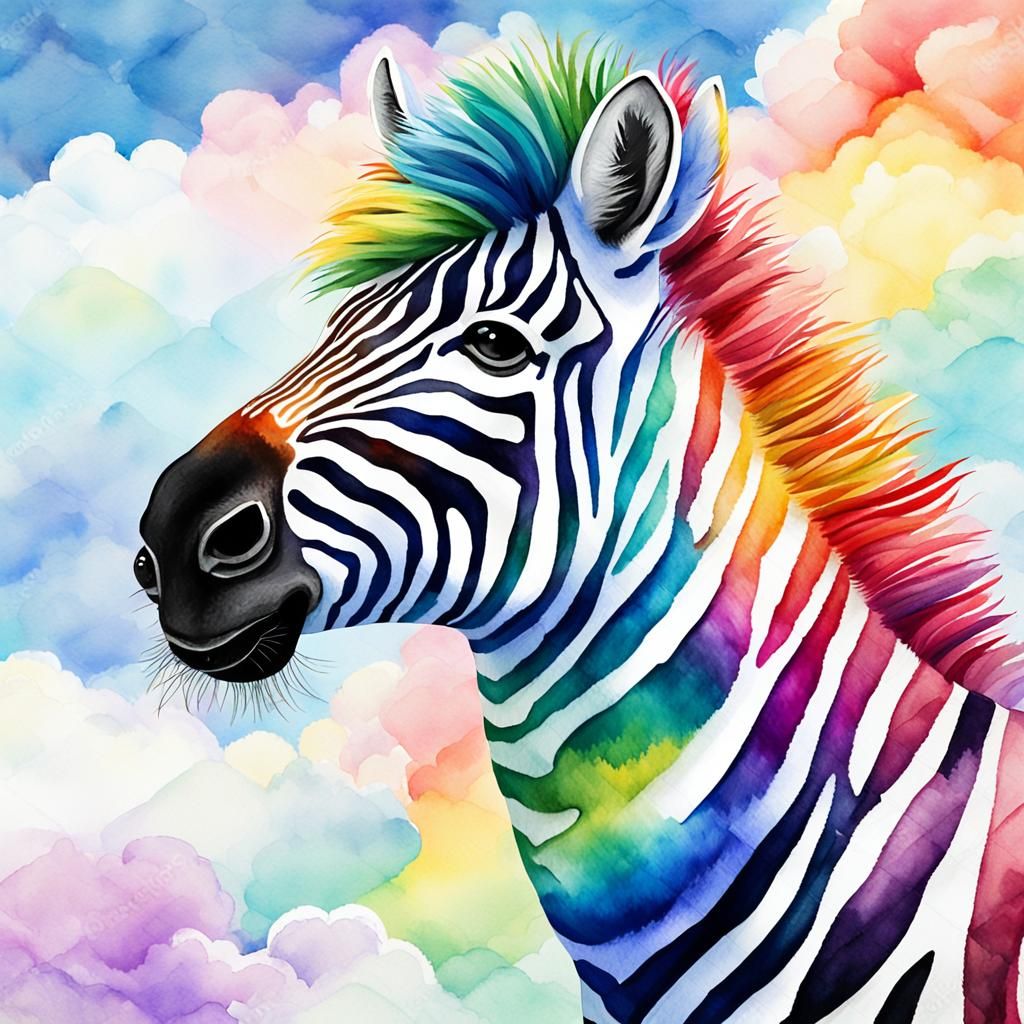 Rainbow Zebra in Watercolor with Clouds