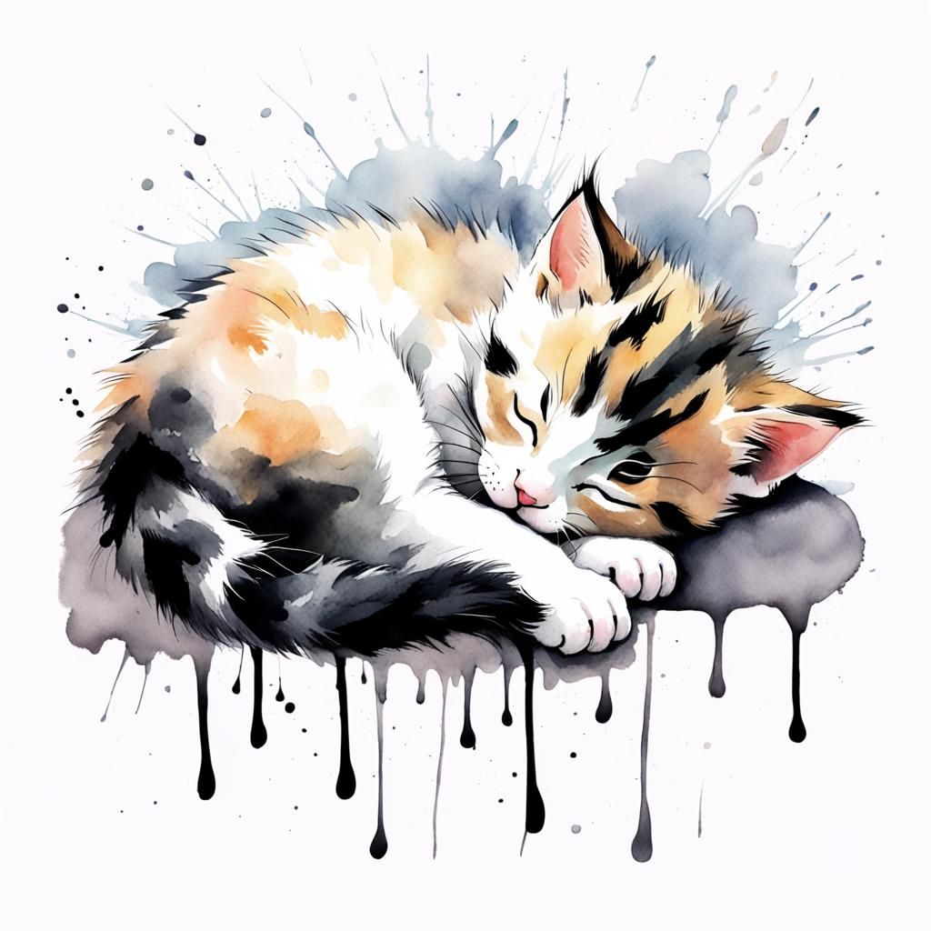 Sleeping Kitten in Watercolours with Soft Brush Strokes