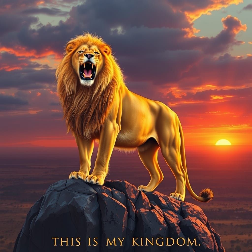 Golden Lion Overlooking Savanna in Tonalist Style