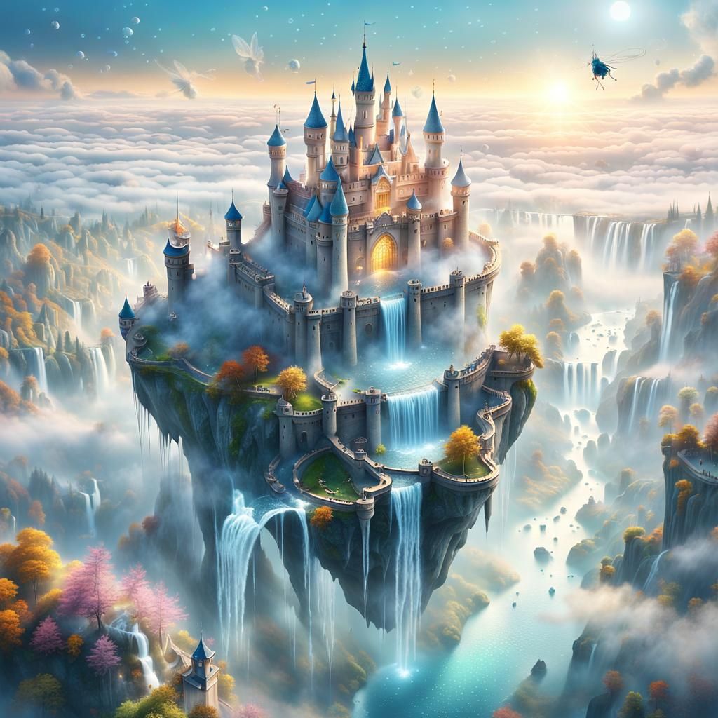 Magical Sky Castle with Waterfalls in Ethereal Light
