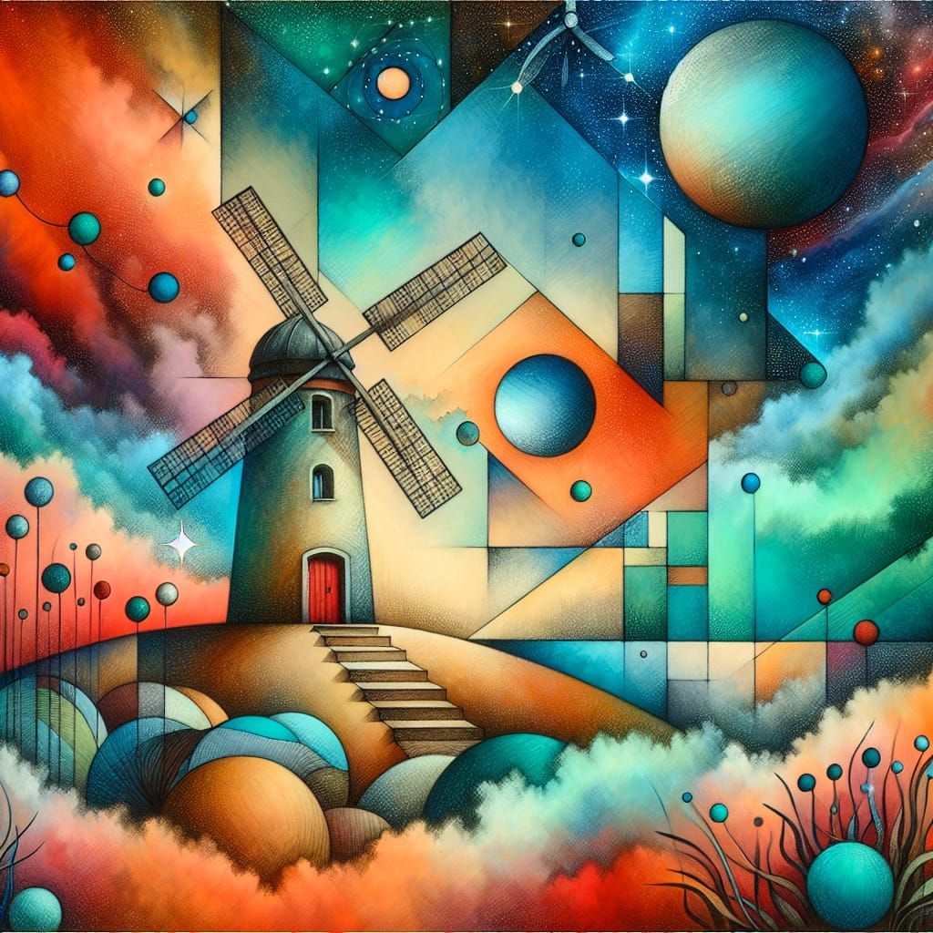 Surreal Celestial Windmill in Cubist Watercolor Style
