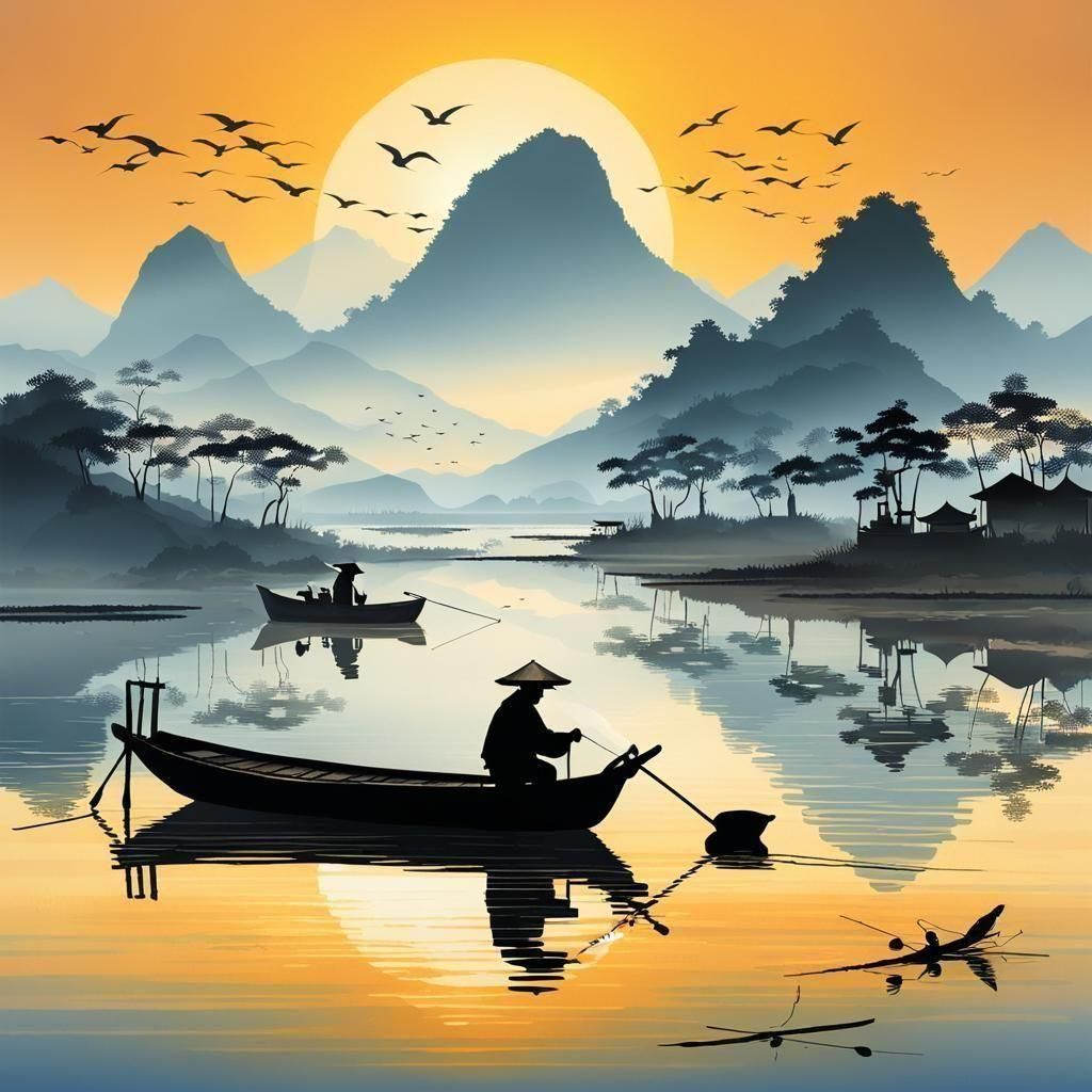 Chinese painting style, old Chinese fisherman wearing hat   ...