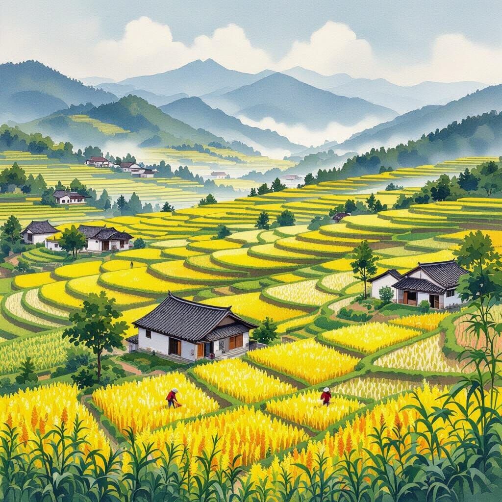 Guang'an's Terraced Rice Fields in Watercolor Style