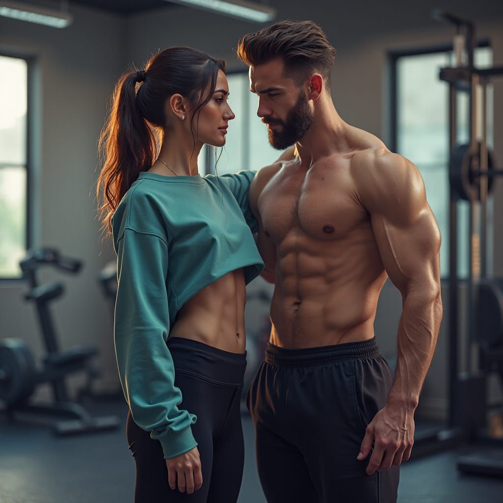 Fit Couple Admiring Physiques in Sleek Gym, Matte Painting S...