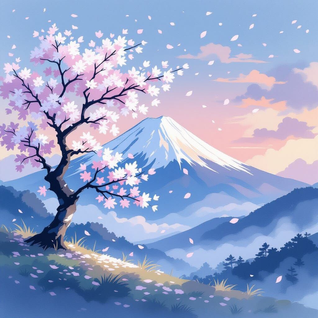 Snowy Mountains & Cherry Blossoms Under Twilight Sky
