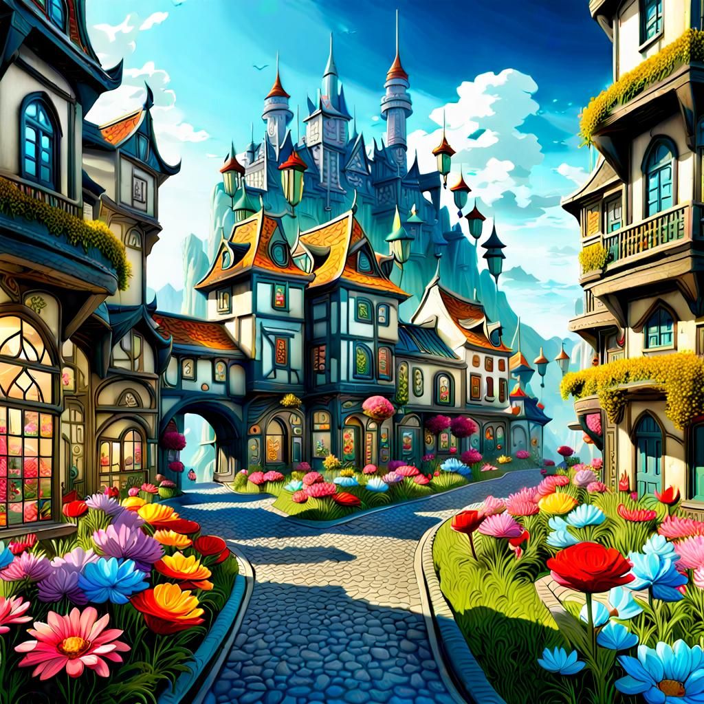 Fantasy Cityscape with Futuristic and Natural Elements