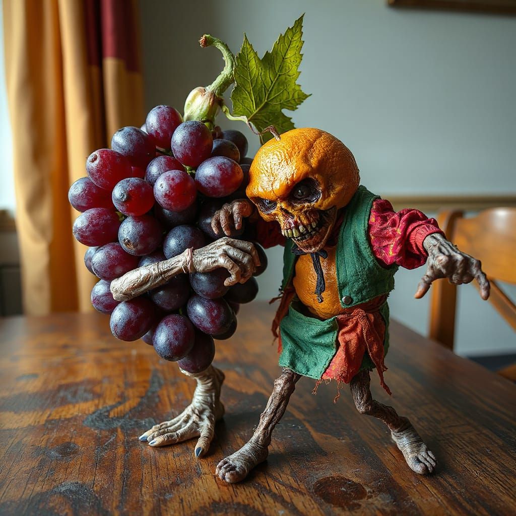 Grotesque Fruit Zombie Dance in Vibrant Surreal Style