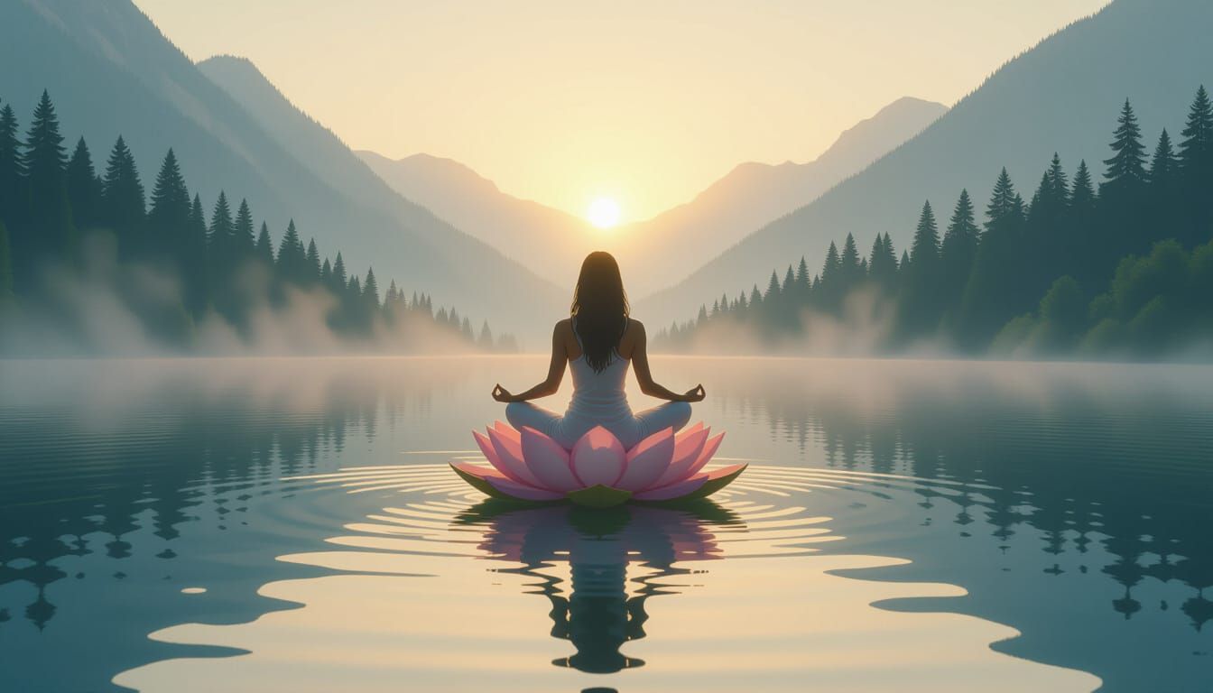 Meditating Woman on Lotus at Dawn