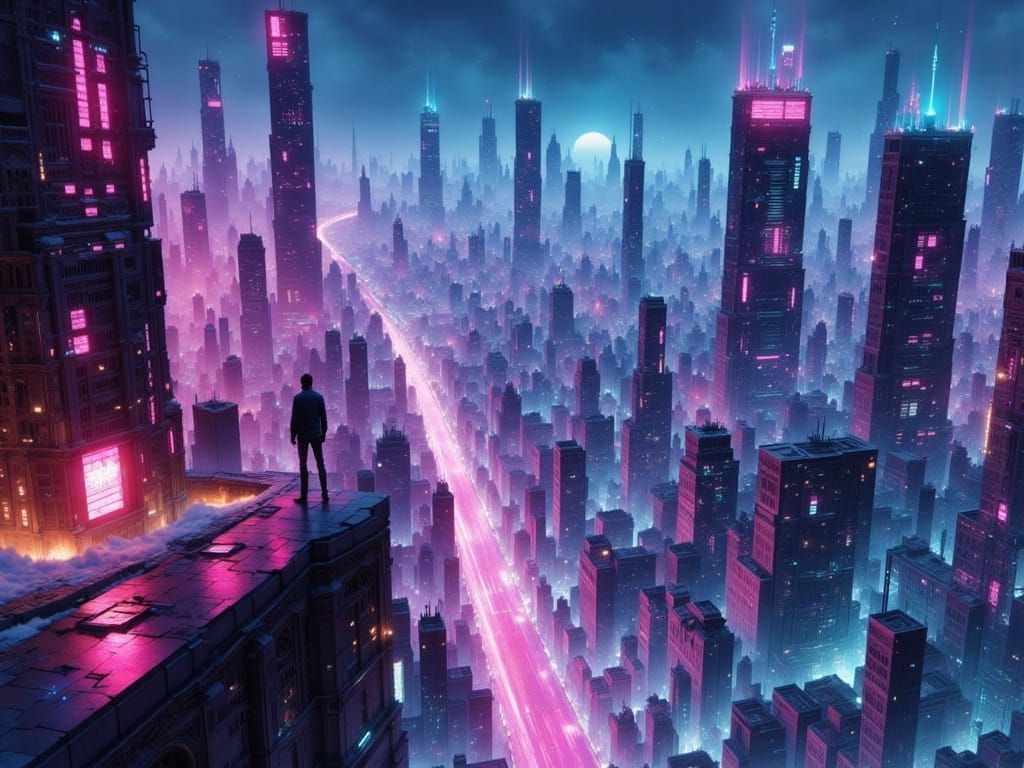 Cyberpunk Cityscape at Night, Digital Painting