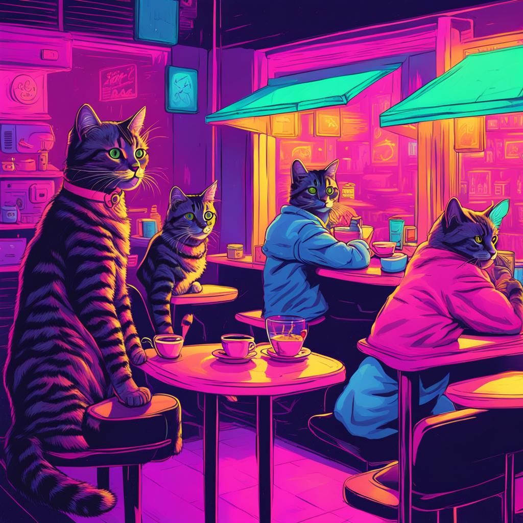 Cool cats eating a a cat Cafe at night